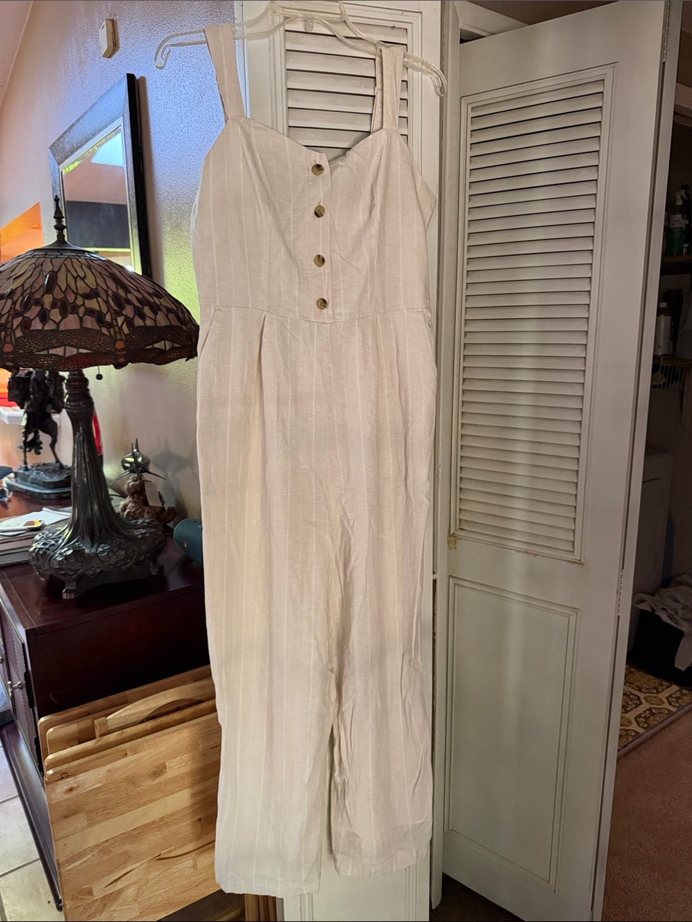 Old Navy Women's White Linen-Blend Button Front Jumpsuit